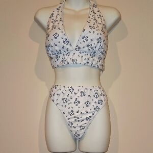 Floral Halter Bikini Set - White and Black